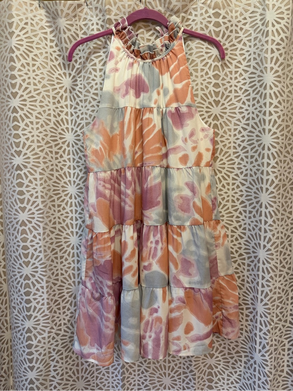 entro Water Color Halter Tiered Dress in Peach, Pink & Cream